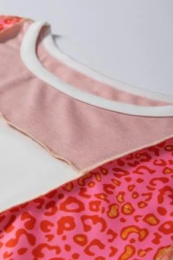 Best Dear-Lover Leopard Colorblock Patchwork Exposed Seam Top Peach Blossom