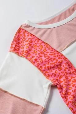 Best Dear-Lover Leopard Colorblock Patchwork Exposed Seam Top Peach Blossom