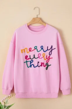 Fashion Dear-Lover Merry Every Thing Tinsel Slogan Sweatshirt Peach Blossom