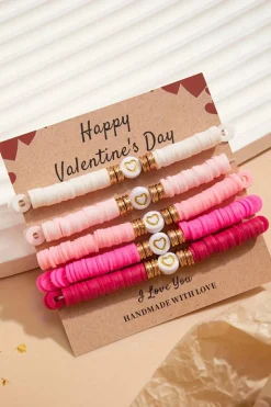 Hot Dear-Lover 5Pcs Valentine Heart Beaded Bracelet Peach Blossom