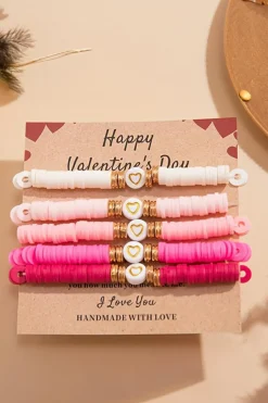 Hot Dear-Lover 5Pcs Valentine Heart Beaded Bracelet Peach Blossom