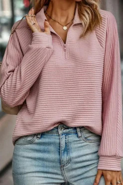 Best Dear-Lover Ribbed Texture Quarter Zip Sweatshirt Peach Blossom