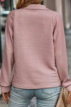 Best Dear-Lover Ribbed Texture Quarter Zip Sweatshirt Peach Blossom