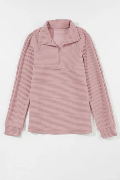 Best Dear-Lover Ribbed Texture Quarter Zip Sweatshirt Peach Blossom