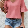 Discount Dear-Lover Ruffled Half Sleeve V Neck Textured Top Peach Blossom