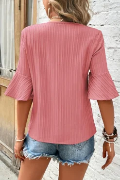 Discount Dear-Lover Ruffled Half Sleeve V Neck Textured Top Peach Blossom