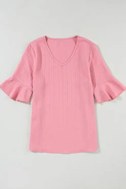 Discount Dear-Lover Ruffled Half Sleeve V Neck Textured Top Peach Blossom