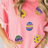 Hot Dear-Lover Sequined Easter Eggs Contrast Patchwork Detail Short Sleeve Blouse Peach Blossom