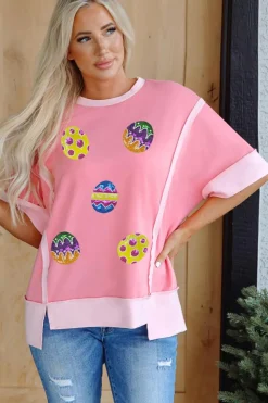 Hot Dear-Lover Sequined Easter Eggs Contrast Patchwork Detail Short Sleeve Blouse Peach Blossom