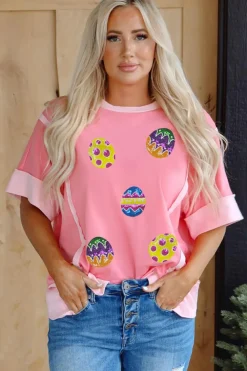 Hot Dear-Lover Sequined Easter Eggs Contrast Patchwork Detail Short Sleeve Blouse Peach Blossom