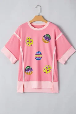 Hot Dear-Lover Sequined Easter Eggs Contrast Patchwork Detail Short Sleeve Blouse Peach Blossom