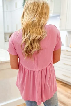 New Dear-Lover Subtle Ribbed Short Sleeve Babydoll Top Peach Blossom