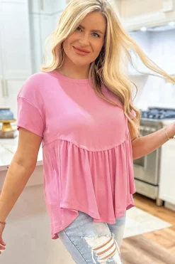 New Dear-Lover Subtle Ribbed Short Sleeve Babydoll Top Peach Blossom