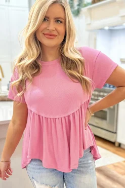 New Dear-Lover Subtle Ribbed Short Sleeve Babydoll Top Peach Blossom