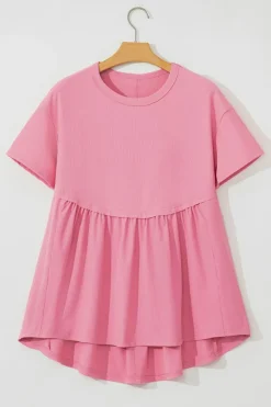 New Dear-Lover Subtle Ribbed Short Sleeve Babydoll Top Peach Blossom