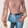 Fashion Dear-Lover Sunflower Mesh Bubble Sleeve Waffle Knit Top Peach Blossom