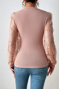 Fashion Dear-Lover Sunflower Mesh Bubble Sleeve Waffle Knit Top Peach Blossom