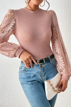 Fashion Dear-Lover Sunflower Mesh Bubble Sleeve Waffle Knit Top Peach Blossom