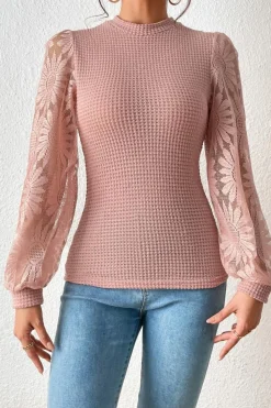 Fashion Dear-Lover Sunflower Mesh Bubble Sleeve Waffle Knit Top Peach Blossom