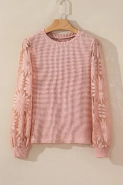 Fashion Dear-Lover Sunflower Mesh Bubble Sleeve Waffle Knit Top Peach Blossom