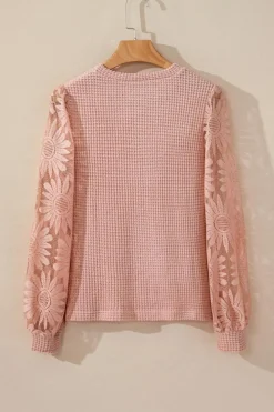 Fashion Dear-Lover Sunflower Mesh Bubble Sleeve Waffle Knit Top Peach Blossom