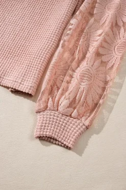 Fashion Dear-Lover Sunflower Mesh Bubble Sleeve Waffle Knit Top Peach Blossom