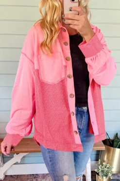 Discount Dear-Lover Two Tone Contrast Waffle Knit Buttoned Loose Shacket Peach Blossom