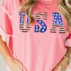 New Dear-Lover USA Color Block High Low Crew Neck T Shirt Peach Blossom