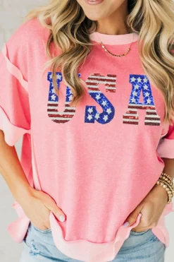 New Dear-Lover USA Color Block High Low Crew Neck T Shirt Peach Blossom