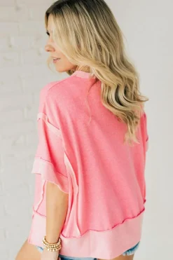 New Dear-Lover USA Color Block High Low Crew Neck T Shirt Peach Blossom