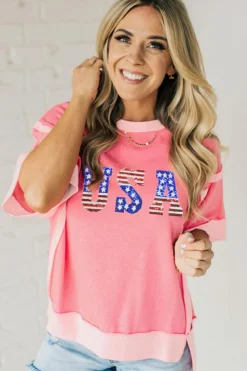 New Dear-Lover USA Color Block High Low Crew Neck T Shirt Peach Blossom