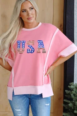 New Dear-Lover USA Color Block High Low Crew Neck T Shirt Peach Blossom