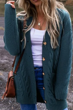 New Dear-Lover Cable Knit Button Front Pocketed Baggy Cardigan Peacock Blue
