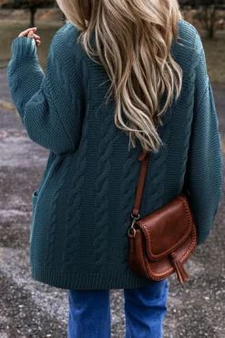 New Dear-Lover Cable Knit Button Front Pocketed Baggy Cardigan Peacock Blue