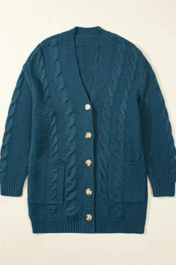 New Dear-Lover Cable Knit Button Front Pocketed Baggy Cardigan Peacock Blue