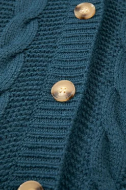 New Dear-Lover Cable Knit Button Front Pocketed Baggy Cardigan Peacock Blue