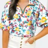 Fashion Dear-Lover Floral Print Slit V Neck Short Sleeve Blouse Peacock Blue