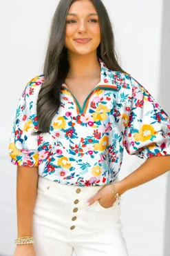 Fashion Dear-Lover Floral Print Slit V Neck Short Sleeve Blouse Peacock Blue