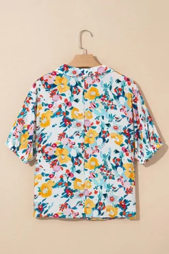 Fashion Dear-Lover Floral Print Slit V Neck Short Sleeve Blouse Peacock Blue