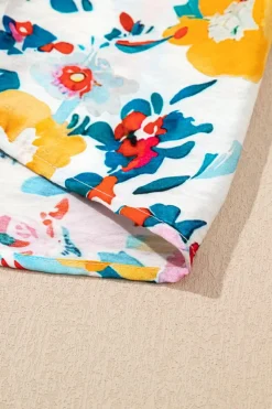 Fashion Dear-Lover Floral Print Slit V Neck Short Sleeve Blouse Peacock Blue