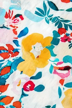 Fashion Dear-Lover Floral Print Slit V Neck Short Sleeve Blouse Peacock Blue