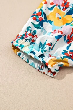 Fashion Dear-Lover Floral Print Slit V Neck Short Sleeve Blouse Peacock Blue