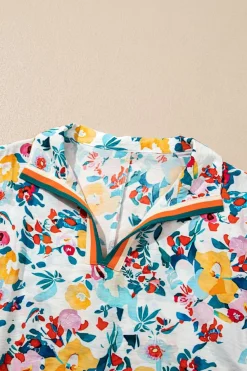 Fashion Dear-Lover Floral Print Slit V Neck Short Sleeve Blouse Peacock Blue