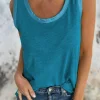 Discount Dear-Lover Metallic Sheen Edge Scoop Neck Tank Top Peacock Blue
