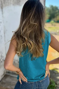 Discount Dear-Lover Metallic Sheen Edge Scoop Neck Tank Top Peacock Blue