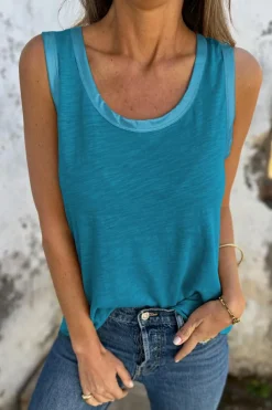 Discount Dear-Lover Metallic Sheen Edge Scoop Neck Tank Top Peacock Blue