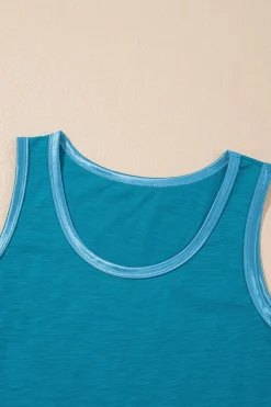 Discount Dear-Lover Metallic Sheen Edge Scoop Neck Tank Top Peacock Blue
