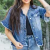 New Dear-Lover Raw Edge Ruffled Short Sleeve Denim Jacket Peacock Blue