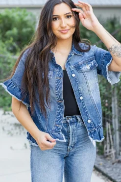 New Dear-Lover Raw Edge Ruffled Short Sleeve Denim Jacket Peacock Blue