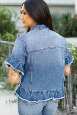 New Dear-Lover Raw Edge Ruffled Short Sleeve Denim Jacket Peacock Blue